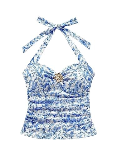 SOLY HUX Girl's Summer Halter Tops Metal Decor Cute Tank Top | Tie Back, Ruched, Sleeveless, Vacation - Image 1