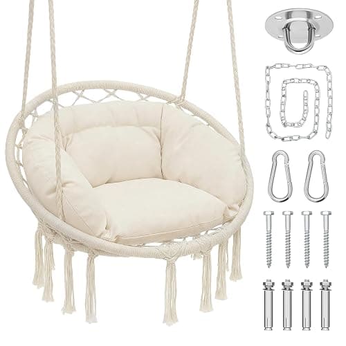 Magshion Hanging Hammock Chair with Cozy Full Cushion, Outdside Macrame Swing Chair with 350 Lbs Capacity, Ideal Accent Furniture for Living Room, Bedroom and Porch Relaxation and Enjoyment (White) - Image 1