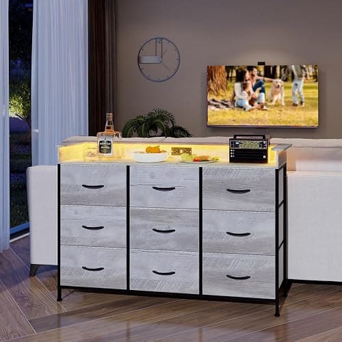 EXOTICA Dresser with Charge Station 9 Drawers Dresser for Bedroom with LED Lights Tall Wide Fabric Dressers & Chests of Drawers for Closet Hallway Entryway Sturdy Steel Frame Wood Top thumbnail 10