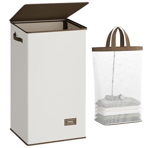 SOLEDI Laundry Hamper with Lid 100L Large & Tall Collapsible Laundry Basket, Clothes Hamper with Bag Removable Easy to Carry, Dirty Hampers for Bedroom, Bathroom, Dorm, College, Off-White - Image 1
