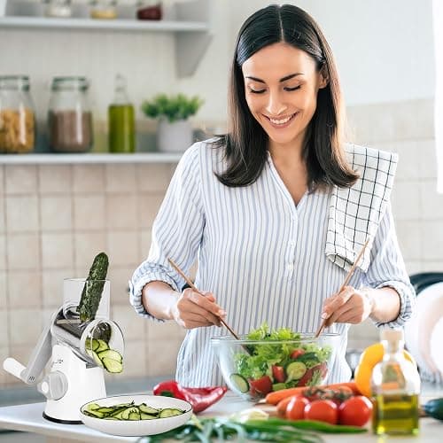 X Home Rotary Cheese Grater for Kitchen, Shredder with 3 Interchangeable Blades, Rotary Grater with Handle and Strong Suction Base, for Vegetables, Fruit, Nuts, Easy to Use and Clean, White thumbnail 2