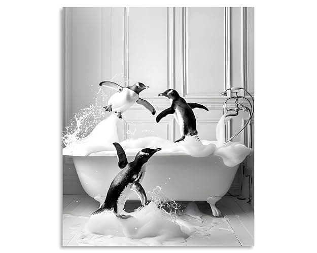 OWNANRTHM Funny Animals Bathroom Canvas Wall Art Penguin in Bathtub Wall Art Funny Animal Bathroom Painting Black and White Penguin Bathtub Pictures for Bath Restroom Wall Decor Framed 8X10 inch thumbnail 2