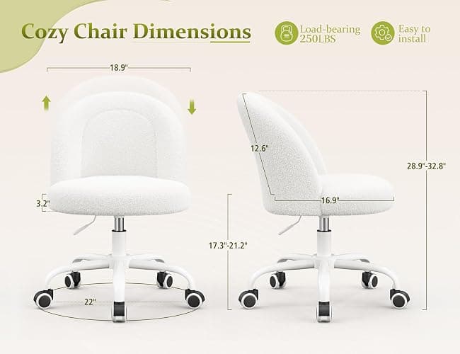 DurayLoly White Vanity Chair with Wheels, Cute Desk Chair with Back, Armless Office Chair Height Adjustable, Soft Lumbar Support for Small Space, Bedroom thumbnail 2