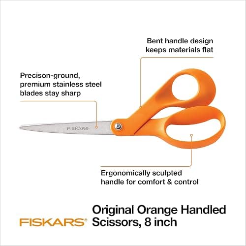 Fiskars 8" Original Orange-Handled Stainless Steel Scissors, Ergonomic and Keeps Material Flat, Sharp All-Purpose Paper and Fabric Scissors for Office, Arts, and Crafts thumbnail 3