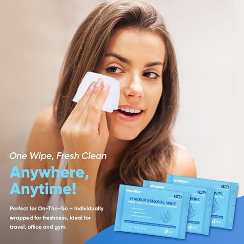 WOUSEDO 100 Count Makeup Remover Wipes, Bulk Gentle Cleansing Facial Towelettes, Individually Wrapped Travel Size,Alcohol-Free & Hypoallergenic for All Skin Types thumbnail 5