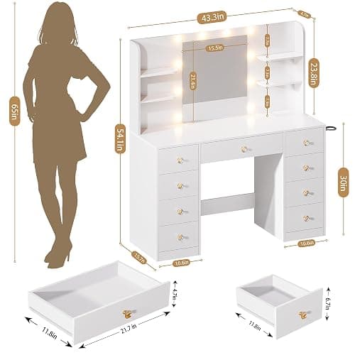 White Vanity Desk With Mirror and LED Lights, 3 Colors Adjustable, Large Makeup Vanity Desk with Power Strip and Hairdryer Holder, 9 Drawers & 6 Shelves Modern Dressing Table for Women, Bedroom thumbnail 2