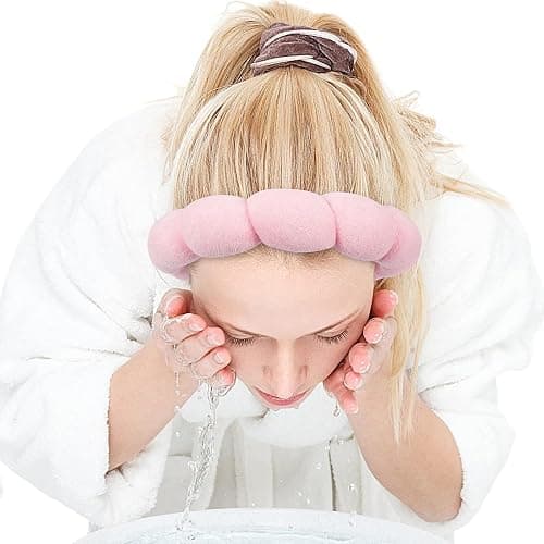 Zkptops Spa Headband for Washing Face Wristband Sponge Makeup Skincare Headband Terry Cloth Bubble Soft Get Ready Hairband for Women Girl Puffy Padded Headwear Non Slip Thick Hair Accessory(Pink) thumbnail 9