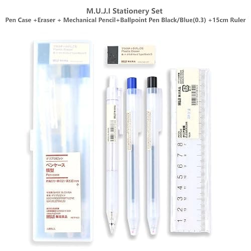 MENBLY MU-JI Stationery Pencil Set - Pen Case, Mechanical Pencil, 2 Ballpoint Pens, Eraser, Ruler - Minimalist Design for Sketching, Drawing, & Drafting - Organize & Store Essentials for Adult thumbnail 2