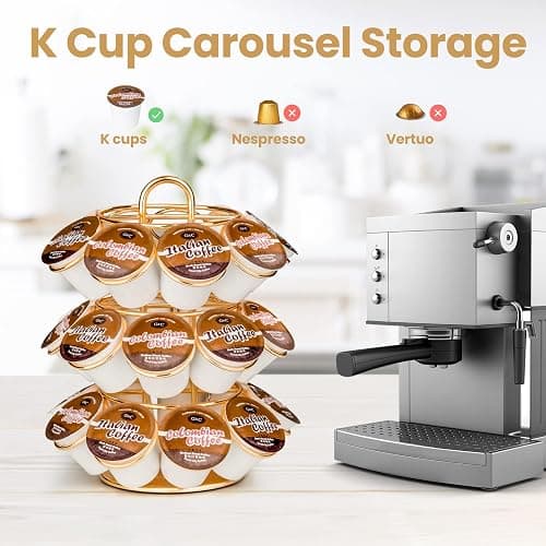 KREWEY Coffee Pod Holder, K Cup Holders Carousel Organizer ,27 Coffee Pods Storage Compatible with K Cups, Spins 360-Degrees, Modern Gold Design ，Round,Shining Gold,3 Tier Home or Office Kitchen Counter Organizer thumbnail 5