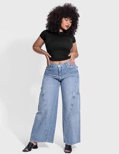 PUMIEY Women's Crew Neck Short Sleeve Tops Double Lined Slim Fit T Shirts Basic Tee Smoke Cloud Pro Collection thumbnail 5