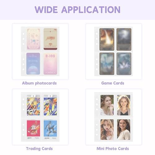 NOCAFI A5 Photocard Binder with 40 Pake 4-Pocket Pages, 6 Ring Photocard Holder Collector Storage Album Collecting Book with 320 Pockets for Organizing Photo,Trading,Game Card Collection (Purple) thumbnail 7