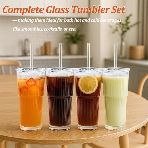 20 oz Ribbed Glass Tumblers with Lids and Straws – Set of 4 Thickened Glassware, Elegant Durable Ribbed Drinking Glasses Bulk for Iced Coffee Cups, Cocktails, Smoothies, Juice, Hot or Cold Beverages thumbnail 7