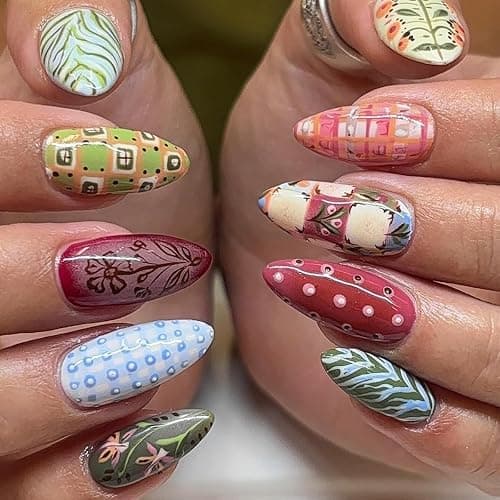 Medium Press on Nails Almond Fake Cute False Nail Fall Artificial Rainforest Charm Colorful Stick on Nails for Women 24pcs - Image 1