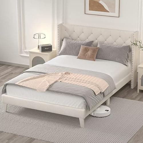 DOGIBIXO Queen Size Bed Frame with LED Lights, Upholstered Bed Frame with Wingback Diamond Tufted Headboard, Wood Slats Support, Noise-Free, Easy Assembly, No Box Spring Needed, Beige - Beige - Queen thumbnail 6