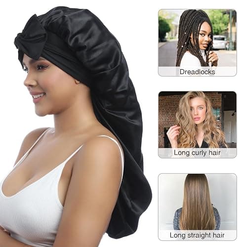 AWAYTR Long Satin Bonnet for Women - Double Layer Elastic Silk Bonnet for Braids Hair Sleeping Cap with Tie Band (Black) thumbnail 4