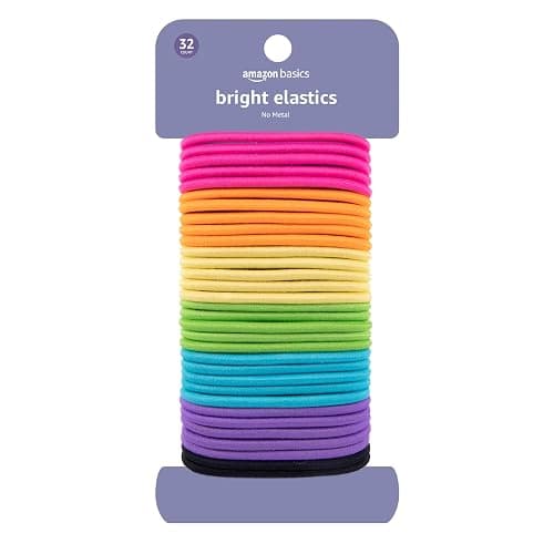 Amazon Basics No Damage Elastic Hair Ties, Ponytail Holders for Thick Hair, No Pull, Secure Hold, Snag-Free, Bright 4 MM Elastics for All Types, 32 Count - Image 1