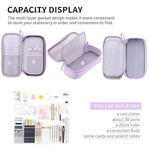 CICIMELON Durable Pen Pencil Case Big Storage Pen Pouch Bag for School Supplies Office College Teen Girls Adults, Purple thumbnail 3