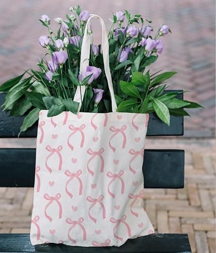 Zeghk Coquette Pink Bows Preppy Canvas Tote Bag Aesthetic for Women, Pink Tote Bag, Coquette Bag, Preppy Stuff, Trendy Gifts for Women, Shopping Bags thumbnail 2