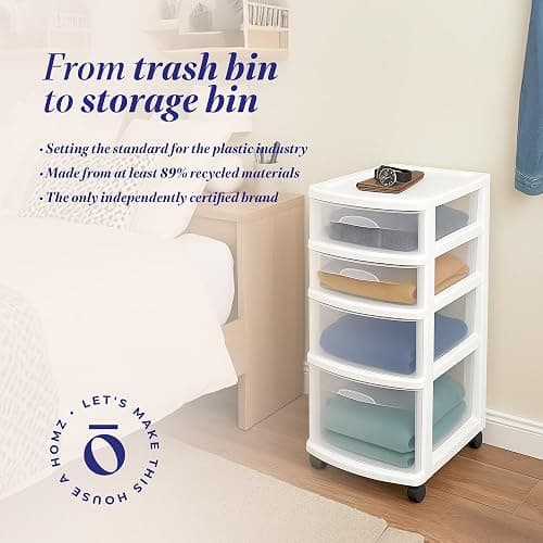 HOMZ Drawer Tower, 4-Tier Clear Plastic Storage Organizer Cart, White Frame – Rolling Containers with Wheels for Bathroom, Bedroom, Office, and Classroom Organization thumbnail 8