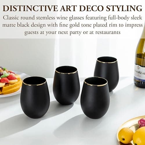MyGift 18 oz Deluxe Art Deco Matte Black Stemless Wine Drinking Glasses with Gold Rim Accent, Cocktail Beverage Glass Drinkware Cups for Party Wedding, Set of 4 thumbnail 4