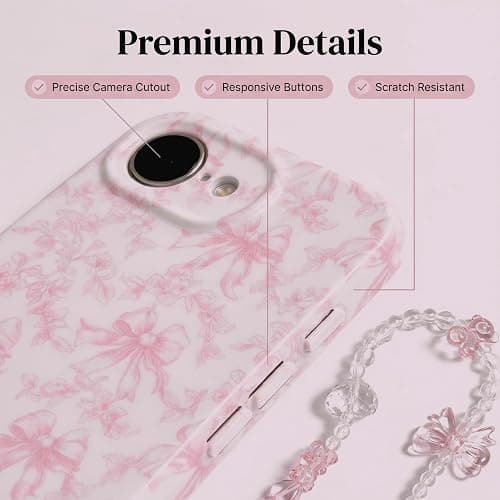 Jzzeuose Phone Case for iPhone 17e/16e with Beaded Wristlet, Pink Bow Floral Cute Soft TPU Protective Case for Women Girls, Anti-Scratch Shockproof Slim Cover thumbnail 3