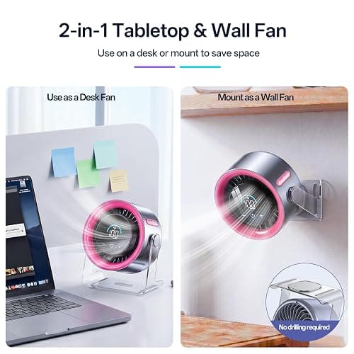 Coolhill USB Desk Fan for Bedroom: 100 Speeds Digital Display Quiet Portable Fan with Turbo Airflow, 120° Rotating Small Rechargeable Battery Desktop & Wall-Mounted Fans for Bedroom Home Office thumbnail 4