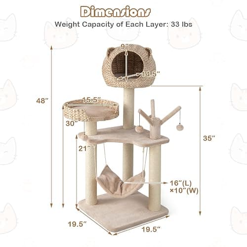 Tangkula Modern Cat Tree Tower, Multi-Level Tall Activity Center with Natural Sisal Scratching Posts, Hammock, Hand-Made Cattail Cute Condo with Funny Toy Balls thumbnail 4