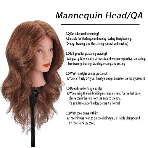 Mannequin Head with 100% Human Hair, TopDirect Real Hair Cosmetology Mannequin Head Hair Styling Hairdressing Practice Training Doll Head with Clamp Holder and Tools (Dark Brown) thumbnail 4