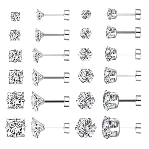 COZLANE Silver Flat Back Stud Earrings for Women Hypoallergenic Round Square Cubic Zirconia Surgical Stainless Steel Earrings Set for Multiple Piercing 12 Pairs - Image 1