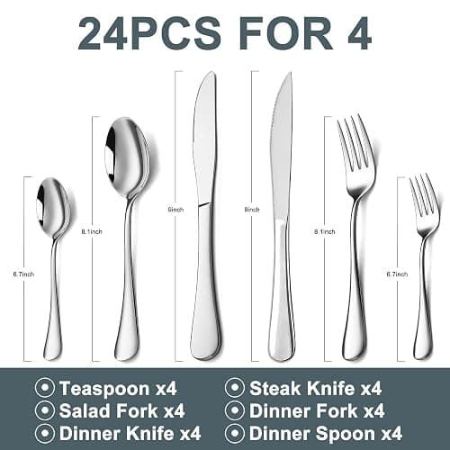 Silverware Set,SANTUO Stainless Steel Knives Spoon Forks Set for Home, Kitchen and Restaurant, Mirror Polished& Dishwasher Safe (24pcs Silverware set) thumbnail 3