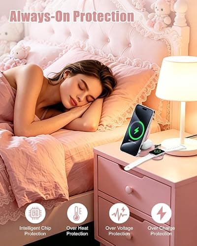 3 in 1 Magnetic Wireless Charging Station for iPhone 17/16/15/14/13/12 Series, Apple Watch and AirPods, MagSafe-Compatible 15W Fast Charging Stand, Foldable Adjustable Travel Charger, Pink thumbnail 6