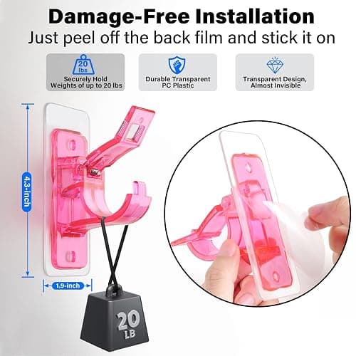 6-Pack No Drill Needed Curtain Rod Holders Brackets, Self Adhesive Rods Holder Hooks, Multipurpose Nail-Free Stick on Curtain Rod Hooks-Transparent Berry Pink thumbnail 2