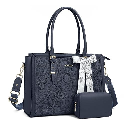 MOSISO Laptop Bag for Women, 17-17.3 inch PU Leather Tote Bag Compatible with MacBook, HP, Dell, Asus Notebook, Front Embossed Retro Hibiscus Computer Bags with Silk Scarf&Clutch Purse, Haze Blue - Image 1