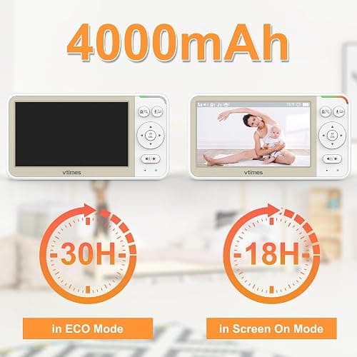 VTimes No WiFi Baby Monitor Camera & Auido, 5" Screen with 30Hr Battery | Pan-Tilt-Zoom, VOX Mode, Two-Way Audio, Night Vision, 1000ft Long Range，Temperature Alert, Lullabies,French & English thumbnail 3