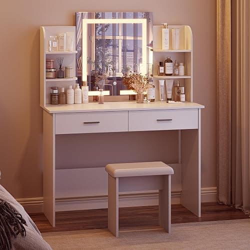 Vanity Desk with Mirror and Lights, Small White Makeup Vanity Mirror with Desk and Chair, Makeup Table Set with 2 Drawers, Open Shelves, Power Strip for Girl Women, Bedroom thumbnail 9