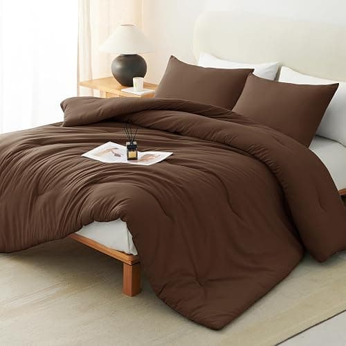 CozyLux Queen Comforter Set Brown, 3 Pieces Solid Breathable Quilted Style Bedding Sets, Luxury Fluffy Soft Bed Set with Down Alternative Comforter for All Season (1 Comforter & 2 Pillowcases) - Image 1