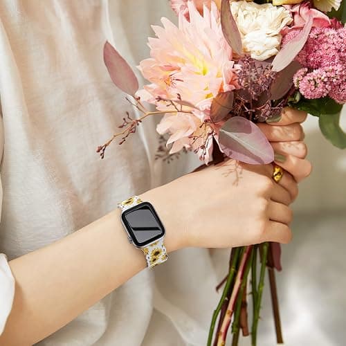 UpfurMach Compatible with Apple Watch Band 41mm 40mm 38mm 49mm 45mm 44mm 42mm Women Girl, Sunflower Print Lace Hollow-out Soft Silicone Sport Bands For iWatch Ultra SE Series 9 8 7 6 5 4 3 2, thumbnail 6