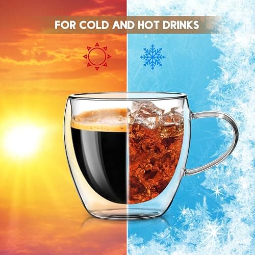 Osrioal Double Walled Glass Mugs, 4 x 250ml Glass Coffee Mugs, Heat Resistant Coffee Cups, Clear Coffee Glasses with Handle, for Cappuccino Tea Milk Latte Juice ﻿ thumbnail 6