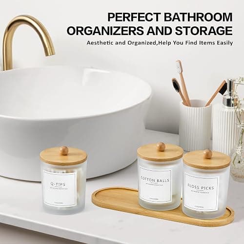 3 Pack Qtip Holder Bathroom Set with Tray,13.5oz Cotton Round Ball Pad Holder Cotton Swab Floss Pick Dispenser,Glass Apothecary Jars Canisters with Lids,Bathroom Organizers and Storage Container thumbnail 6