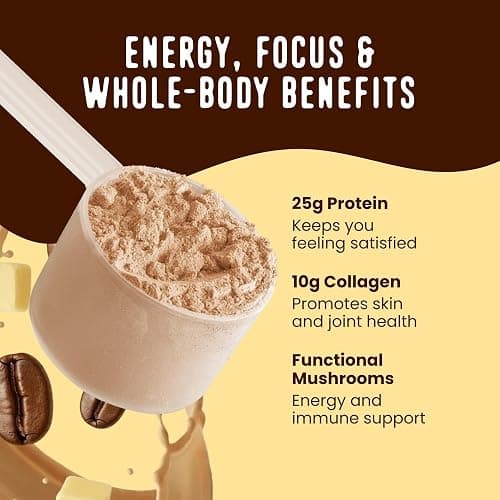 FlavCity All in One Protein Shake Powder, Butter Coffee - 55mg Caffeine + Collagen Peptides, Reishi & Cordyceps - Focus, Skin, Hair & Joint Support - 100% Grass Fed Whey, 20 Servings thumbnail 5