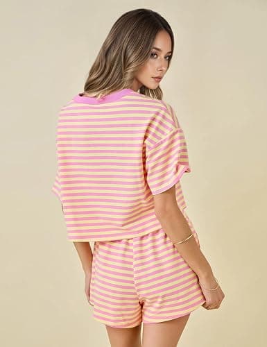 MSBESYOR Striped Set for Women Summer 2 Piece Lounge Sets Casual Pajamas Matching Set Short Sleeve T-Shirt and Shorts Outfits thumbnail 5