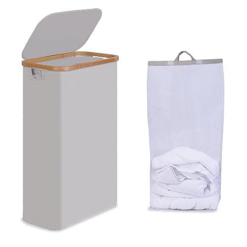 efluky Slim Laundry Basket with Lid, Narrow Laundry Hamper with Removable Bag, Skinny Dirty Clothes Basket with Bamboo Handles for Bathroom, Bedroom & Laundry Room, 75L Light Grey - Image 1