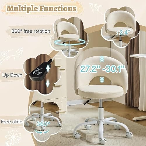 VINGLI Small Vanity Chair with Wheels for Girls.Cute Modern Adjustable Height Armless Office Desk Chair.360°Swivel Comfy Rolling Chair for Study, Make up Room,Small Space,Linen Light Yellow thumbnail 4