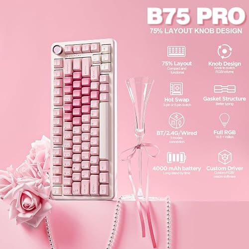YUNZII B75 PRO Wireless Mechanical Keyboard,75% Layout with Knob,Hot Swap Gasket Custom Structure,Creamy Pre-lubed Switches,RGB Backlit,Bluetooth/Type-C/2.4G for Win/Mac(Cocoa Cream V2 Switch,Pink) - Cocoa Cream V2 Switch - Pink thumbnail 2