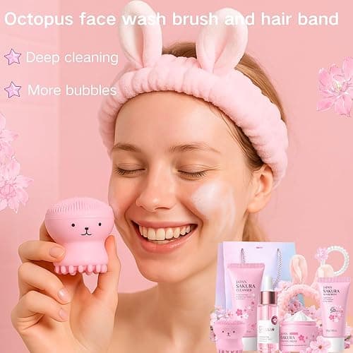 9PC Sakura Skin Care Set for Teen Girls, Japanese Skincare Gift Kit | Sakura skin care gift kit with cleanser, serum, cream, sunscreen, brush, headband, hair tie, card & bag for teen pamper thumbnail 3