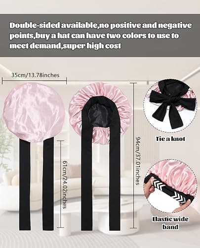 Satin Bonnet Silk Bonnet for Sleeping Silk Sleep Cap Double Layer Hair Bonnet with Elastic Tie Band for Curly Hair Night Cap (Black + Peach Pink) thumbnail 3