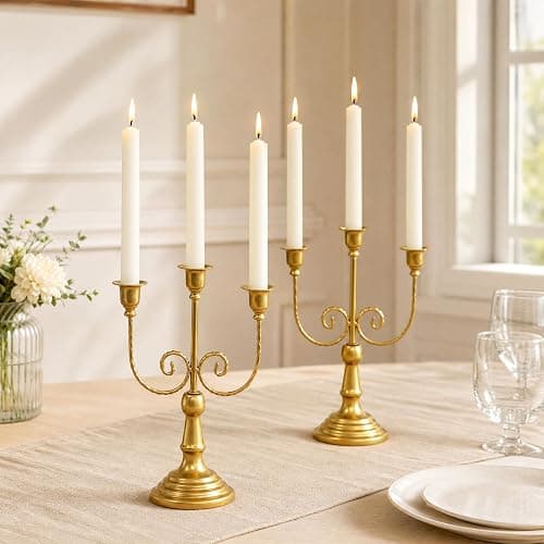 Romadedi Gold 3 Arm 11.8" Candelabra Candle Holders, Set of 2 | Wedding Candlestick Holder, Theme Party Table Centerpiece Decor, Dining Room, Birthday Holiday Christmas - Image 1
