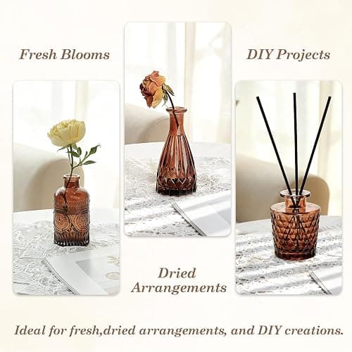 TBWIND 12-Piece Glass Bud Vase Set – Small Caramel Coffee Brown | Etched Glass Vases with Unique Shapes and Weighted Base for Windowsills, Bathrooms, and Table Centerpiece Décor thumbnail 7