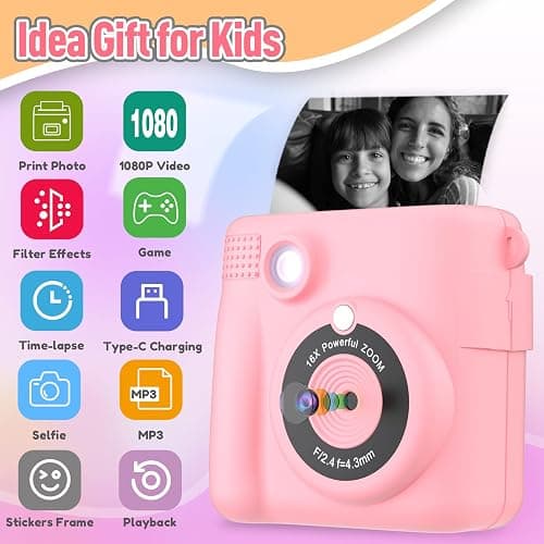 ESOXOFFORE Instant Print Camera for Kids, Christmas Birthday Gifts Girls Boys Age 3-12, HD Digital Video Cameras Toddler, Portable Toy 3 4 5 6 7 8 9 10 Year Old Girl with 32GB SD Card-Pink thumbnail 2