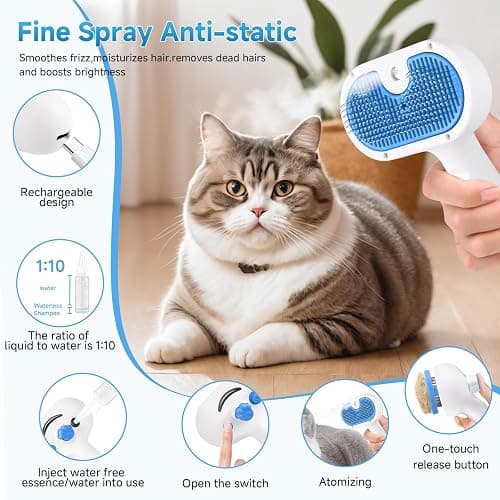 Pet Steam Brush for Dog & Cat - 3-in-1 Steam Grooming Brush for Shedding & Hair Removal - Self Cleaning Spray Comb with Mist for Long Haired Pets - Includes 1*Waterless Shampoo, Blue thumbnail 6